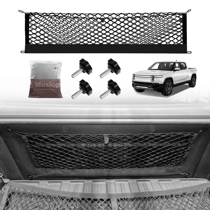 Muslogy Truck Bed Cargo Net Compatible with Rivian R1T 2022-2024 2025 Accessories Storage Organizer Pickup Truck Bed Envelope Style Cargo Net with Heavy Duty Carabiners - Image 1